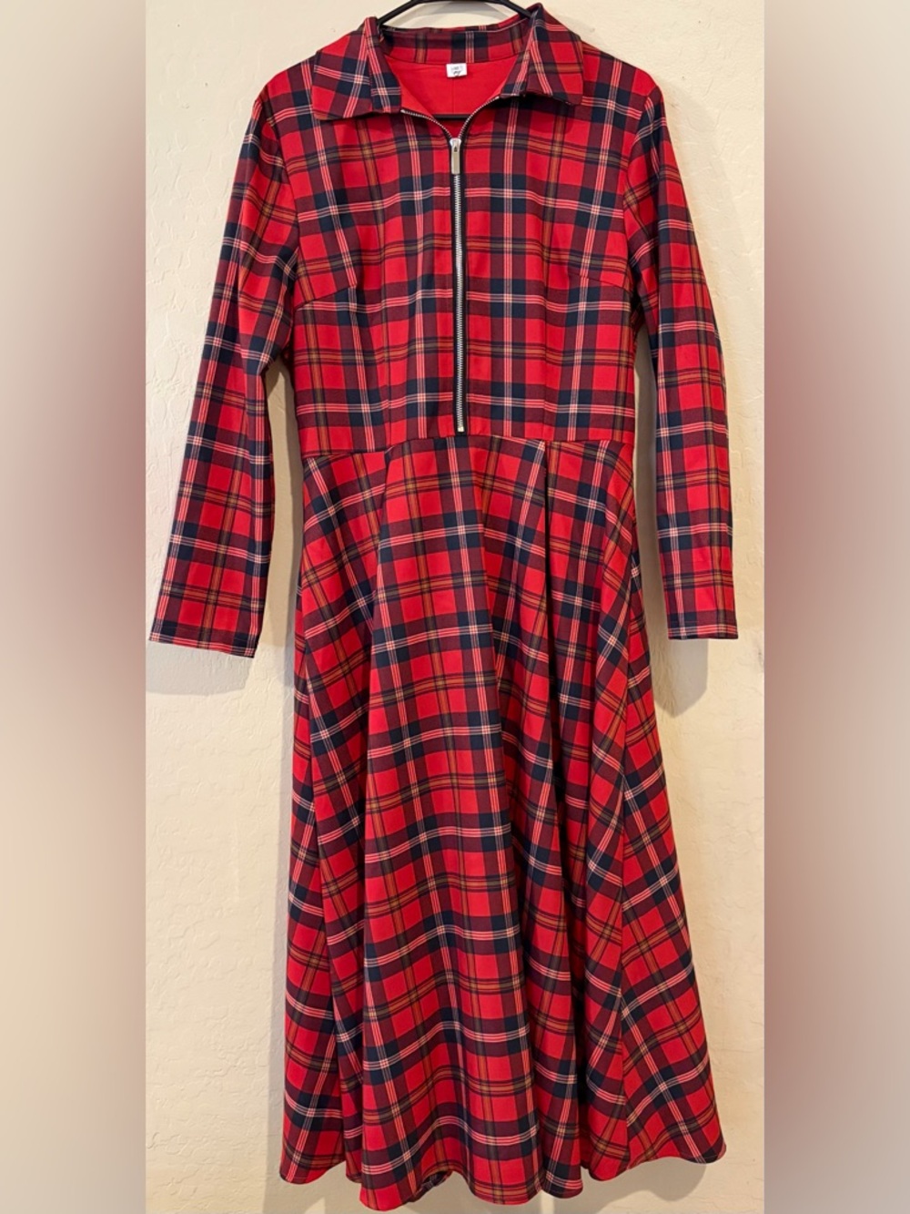 Plaid Zip Front Midi Dress Women’s Buffalo Check Long Sleeve Fit&Flare-Size M